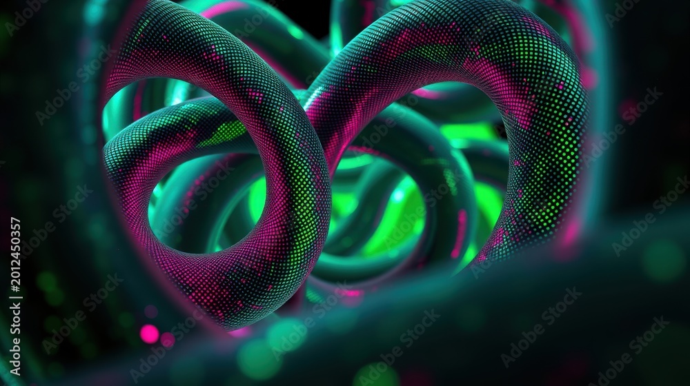 Naklejka premium Abstract swirling tubes, vibrant neon colors. Complex geometry, dark background creates dramatic visual impact. Futuristic design.
