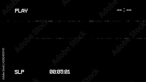 Retro vhs playing with play, timecode, and static lines effect. Vhs interface on black background. 