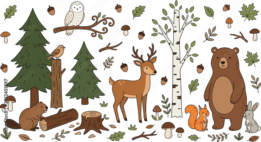 Naklejka premium Large Woodland Animal Icon Set with Bear, Deer, Owl, and Squirrel for Nature Inspired Children’s Prints, Educational Projects, Forest Themed Decor, and Autumn Season Stationery.