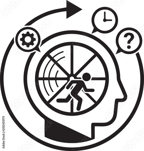 Mental cycle of daily routine with running man and cognitive icons.