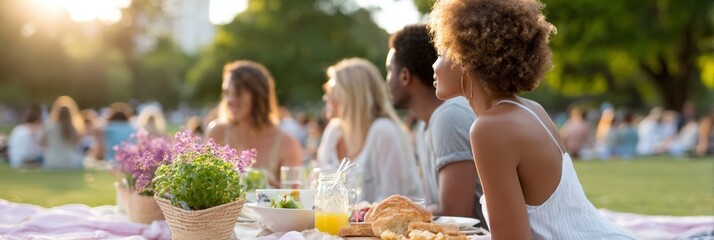 Group picnic in a park celebrating juneteenth with friends at sunset for juneteenth banner and outdoor event background with warm golden hour atmosphere