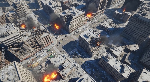 Aerial view of devastated city ruins after bombing with fires and smoke post apocalyptic conflict