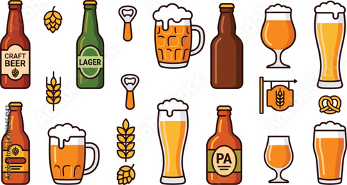 Cuadro en lienzo Beer, bottle, glass, mug, set, vector, illustration, brewery, alcohol, drink, craft, lager, ipa, isolated, collection, beverage, bar, pub, icons, elements