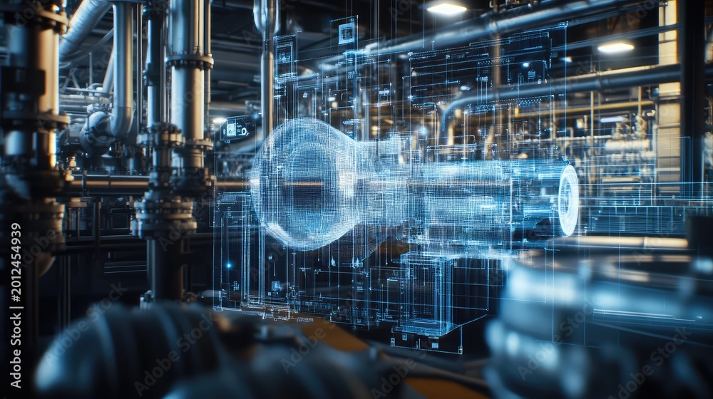 Fototapeta premium Digital twin technology visualizing a transparent holographic projection of machinery, integrating virtual data with physical industrial infrastructure and smart factory automation