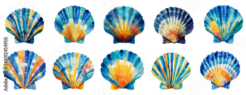 Εκτύπωση καμβά Watercolor scallops and seashells in vibrant blues and yellows, forming a decora
