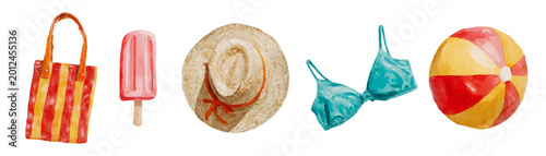 Tableau sur toile Striped beach tote, straw hat, blue bikini top, colorful beach ball and sweet ic