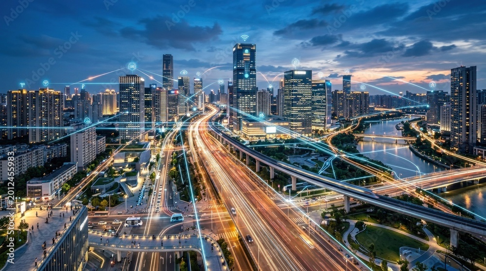 Fototapeta premium A bustling cityscape at dusk with illuminated skyscrapers, bridges, and traffic, featuring a vibrant mix of urban life and technology.