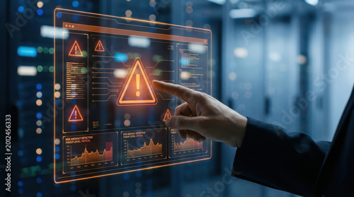 Cybersecurity alert warning on transparent digital screen with hand pointing, data graphs and threat detection in server room environment