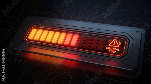 Energy bar depleting with signals showing critical low warning on dark circuit background, glowing red and orange light indicating urgent status alert