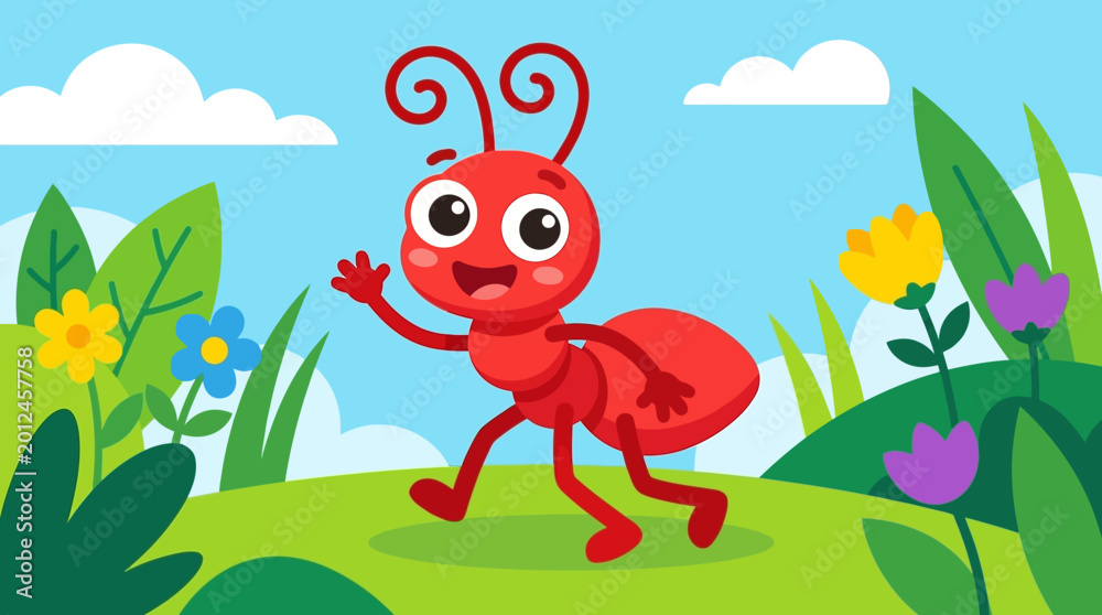 Obraz premium A cartoon red ant waving in a garden.
