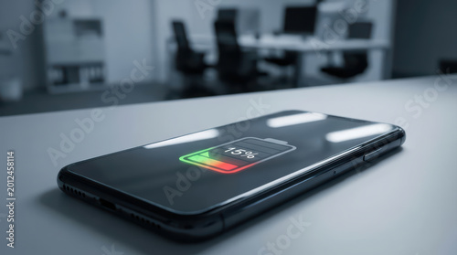Low battery icon on smartphone screen showing 15 percent charge, modern mobile device on white table in office environment with blurred background