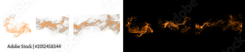 Set of abstract orange smoke waves isolated on white and black background.