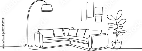 Minimalist one line art of sectional sofa and interior decor elements