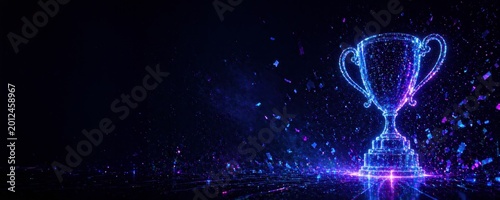 Futuristic glowing trophy cup with neon particles and large copy space, digital sports website banner wide format, championship success concept.