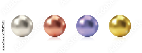 Shiny metallic sphere set featuring realistic golden silver and purple 3d glowing bubbles for modern decorative graphic designs