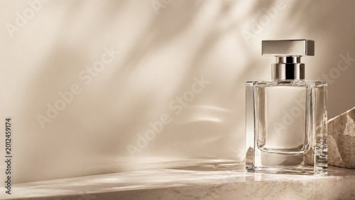 Elegant perfume bottle with soft natural shadows and luxury beauty aesthetic on neutral background.