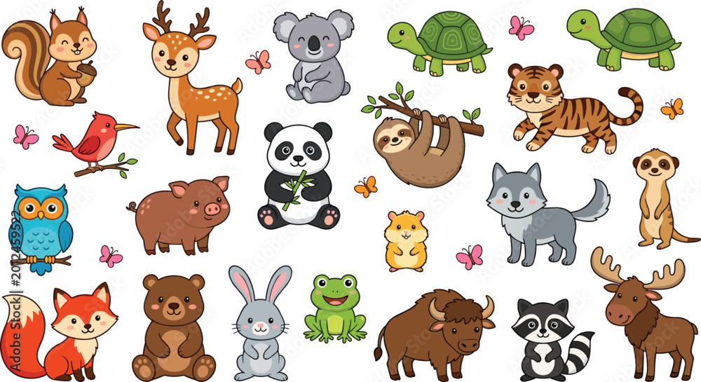 Obraz premium Kawaii Woodland and Wild Animal Character Set Featuring Cute Animals Like Squirrel, Fox, Panda, Tiger, Koala, Rabbit, and More for Kids and Nursery Illustrations