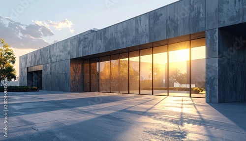 Modern concrete building with large glass windows reflecting bright sunset