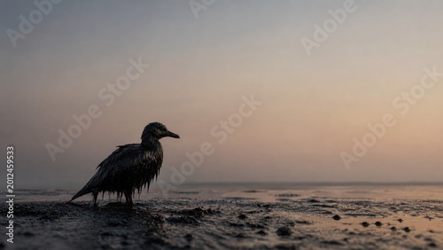Oil covered seabird standing on polluted shoreline at sunset, environmental disaster concept, wildlife contamination, marine ecology crisis.