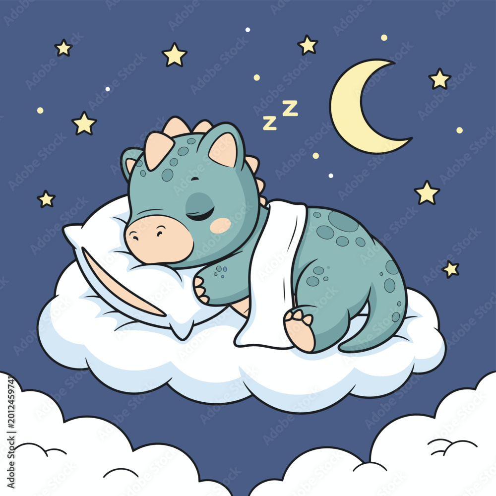 Fototapeta premium Cute Baby Dinosaur Sleeping Peacefully on a Fluffy Cloud Under a Starry Night Sky