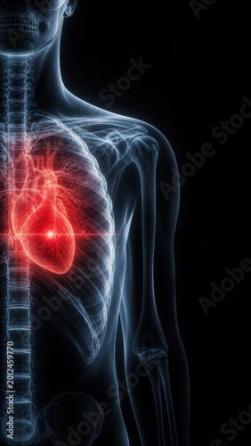 Medical illustration of glowing human heart inside transparent body anatomy visualization.