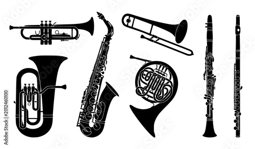 Foto Brass and wind musical instrument silhouettes vector collection for jazz band an