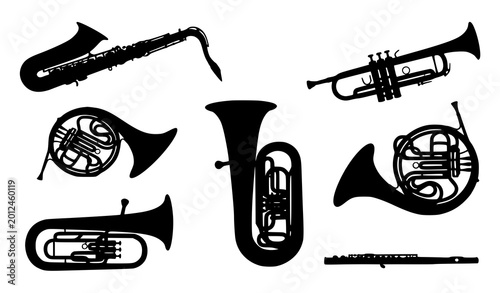 Tableau sur toile Jazz band brass and wind instrument silhouette set with modern minimalist vector