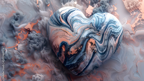 Heart with swirling blue and orange patterns.