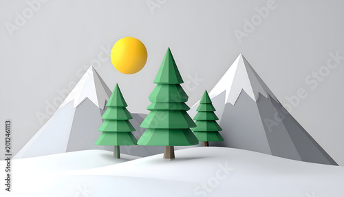 Low Poly Winter Mountain Landscape with Pine Trees and Sun.