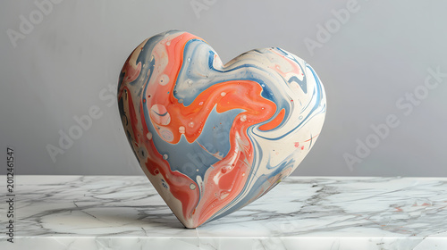 Marbled heart sculpture on marble surface.