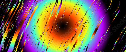 Billede på lærred A dynamic, circular composition of rainbow-colored brush strokes and scratches centered on a deep black field