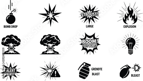 Canvas Print Set of explosion icons, bomb, burst, text, drop, blast, fire, light, alert, warning, effect, comic, dynamic, energy, danger, weapon