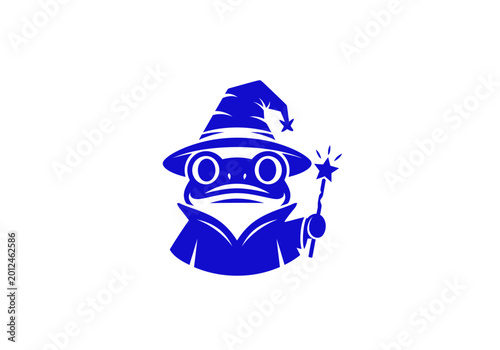 Blue frog wizard mascot with magic wand and hat