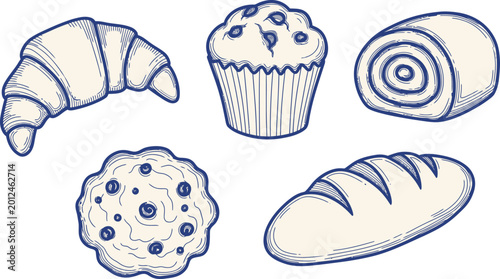 Fényképezés Bakery illustration set croissant muffins bread and pastries in sketch style