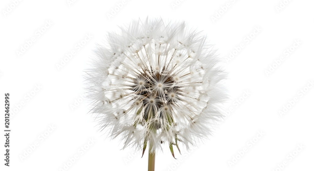 Fototapeta premium Dandelion Puff With Delicate White Seeds Ready To Fly, Symbol Of Hope, Nature Fragility, And Spring Wind Spread On Clean White Solid Background