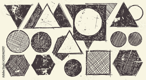 Set of Hand Drawn Geometric Shapes with Grunge Texture