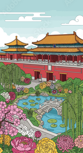 Traditional Chinese Garden Palace with Pond, Bridge and Blossoms