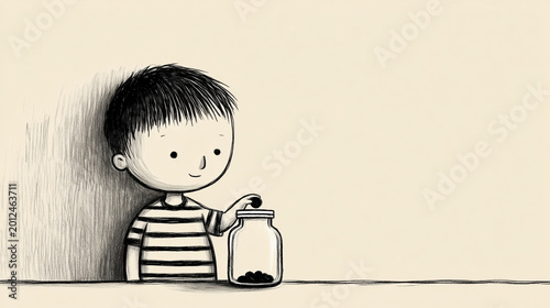 Child Placing Coin into Nearly Empty Jar on Kitchen Shelf - Saving, Scarcity, and Small Hope, Black and White Ink Illustration


