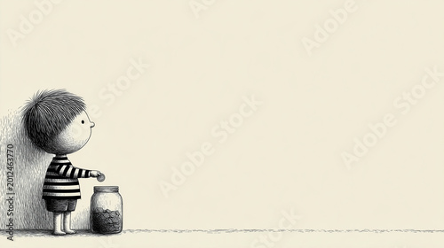 Child Placing Coin into Nearly Empty Jar on Kitchen Shelf - Saving, Scarcity, and Small Hope, Black and White Ink Illustration

