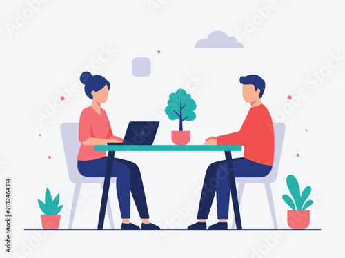 Teamwork Meeting Flat Vector Illustration, Business Collaboration and Office Discussion Concept