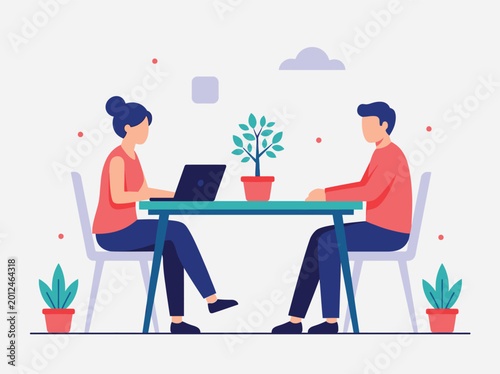 Teamwork Meeting Flat Vector Illustration, Business Collaboration and Office Discussion Concept