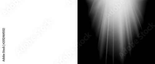 Fotografi Cinematic sun rays on black background, ethereal light beam overlay, dramatic vo