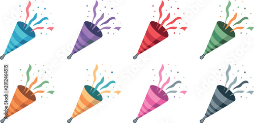 Bild auf Leinwand Colorful party popper collection with exploding confetti and streamers for birth
