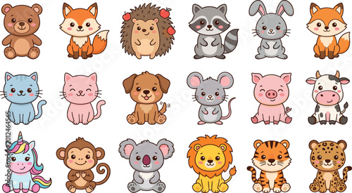 Canvas Print Kawaii Animal Character Set Featuring Cute Animals Like Bear, Fox, Lion, Rabbit,