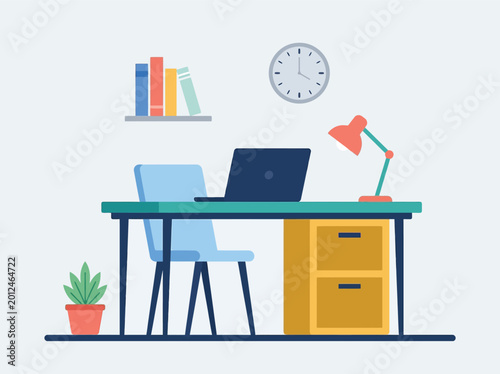 Modern Home Office Workspace Flat Vector Illustration, Remote Work Desk Setup Concept
