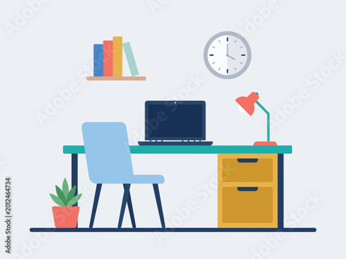 Modern Home Office Workspace Flat Vector Illustration, Remote Work Desk Setup Concept