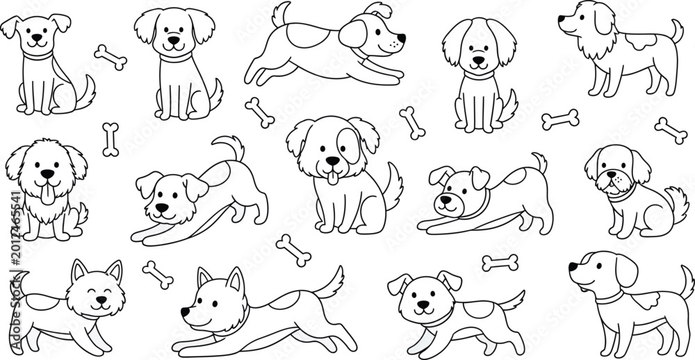 Fototapeta premium Black and white dog collection with bones line art illustration