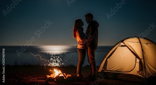 Romantic couple enjoying a night camping by the lake with a tent and campfire under a starry sky for outdoor adventure and nature lovers