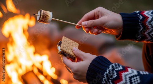 Person roasting marshmallows over an open campfire enjoying outdoor camping activity during evening with cozy warm atmosphere and friends gathering