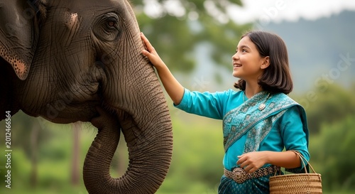 Joyful young girl gently touching elephant's face in lush green outdoor setting showcasing friendship and nature connection for family and wildlife lovers